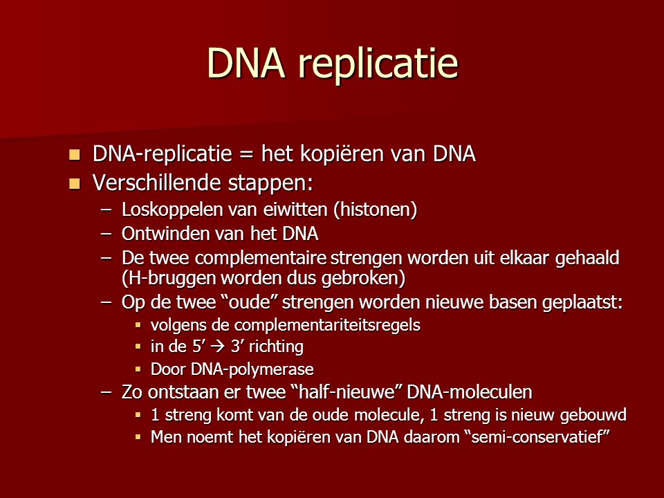 DNA replicatie DNA-replicatie = het kopiëren van DNA
