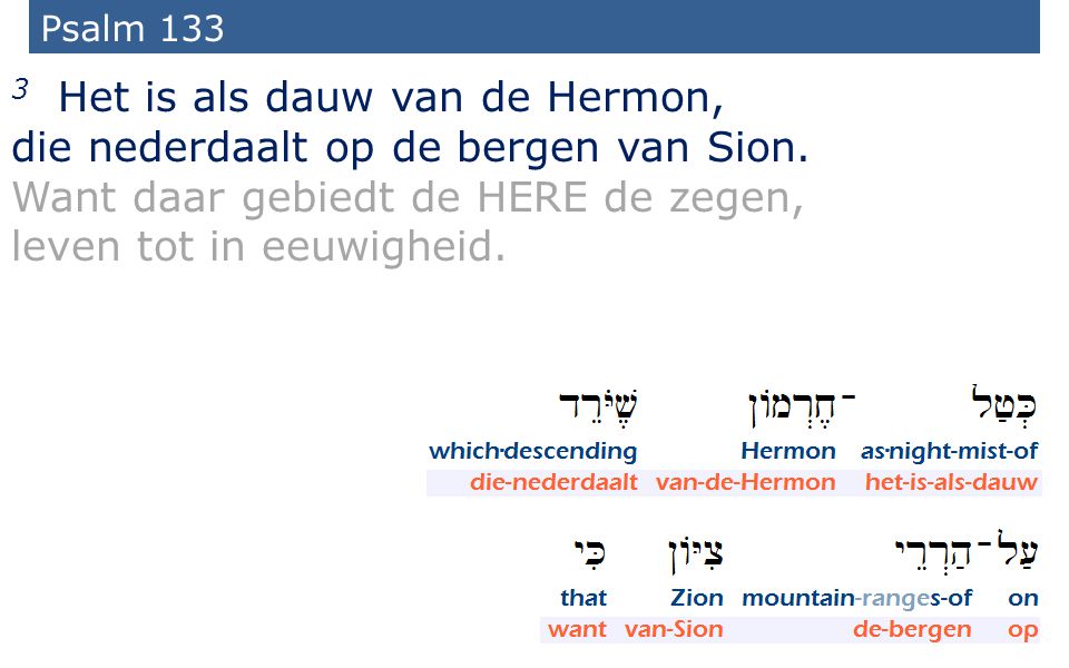3 Het is als dauw van de Hermon, die nederdaalt op de bergen van Sion.