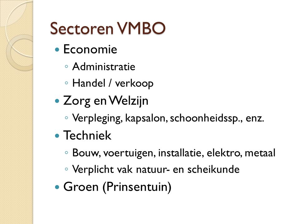 Sectoren VMBO Economie Zorg en Welzijn Techniek Groen (Prinsentuin)