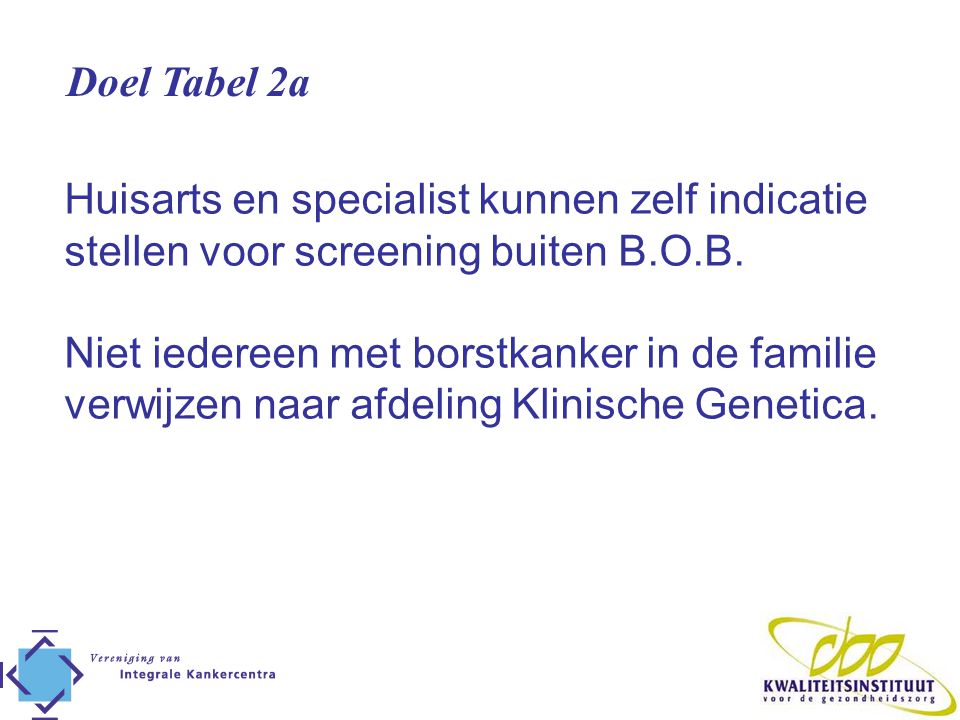 Doel Tabel 2a Huisarts en specialist kunnen zelf indicatie stellen voor screening buiten B.O.B.