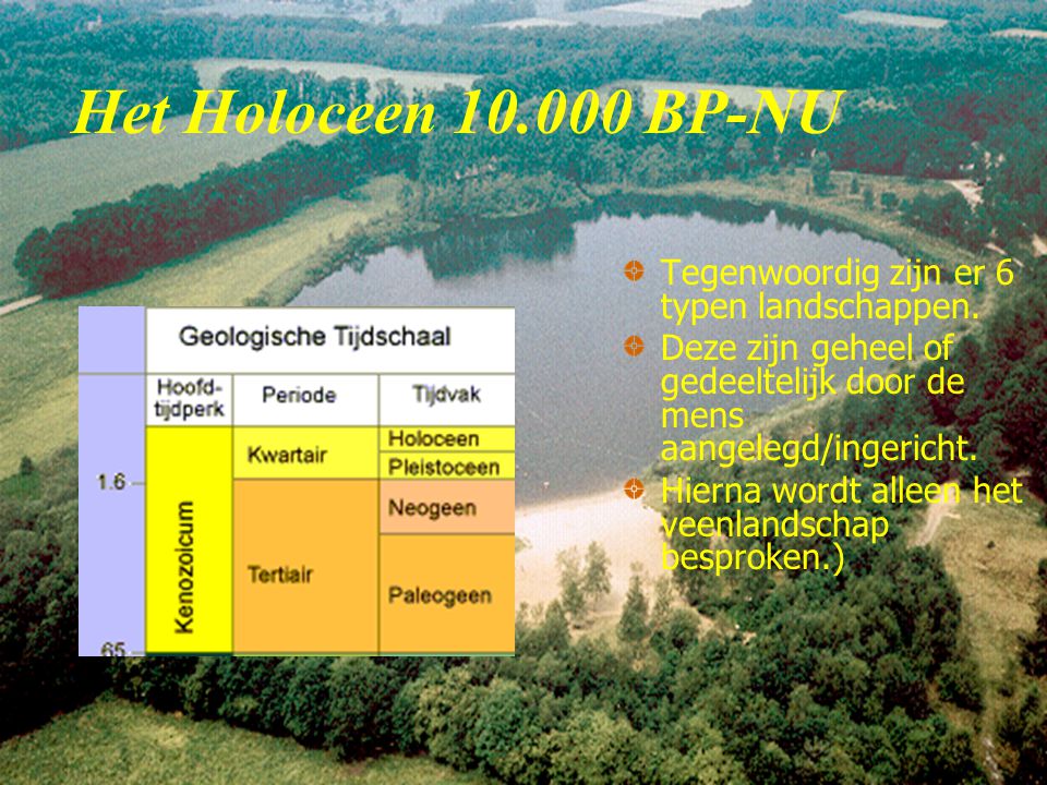 Het Holoceen BP-NU Tegenwoordig zijn er 6 typen landschappen.