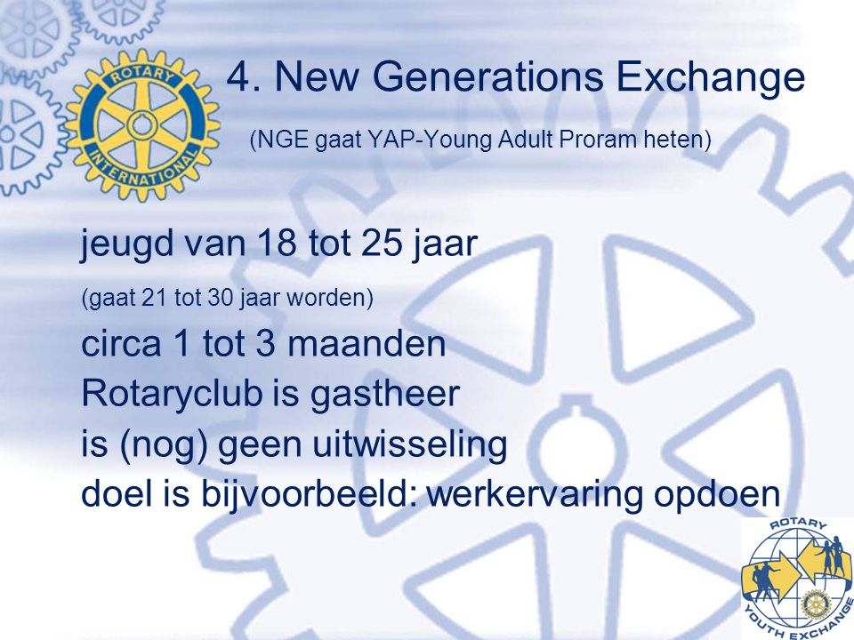 4. New Generations Exchange (NGE gaat YAP-Young Adult Proram heten)