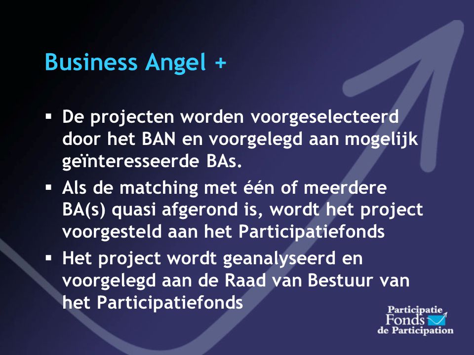 Business Angel + De projecten worden voorgeselecteerd door het BAN en voorgelegd aan mogelijk geïnteresseerde BAs.