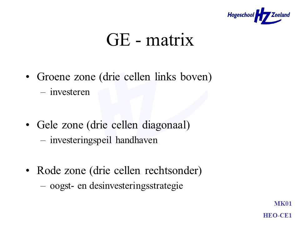 GE - matrix Groene zone (drie cellen links boven)