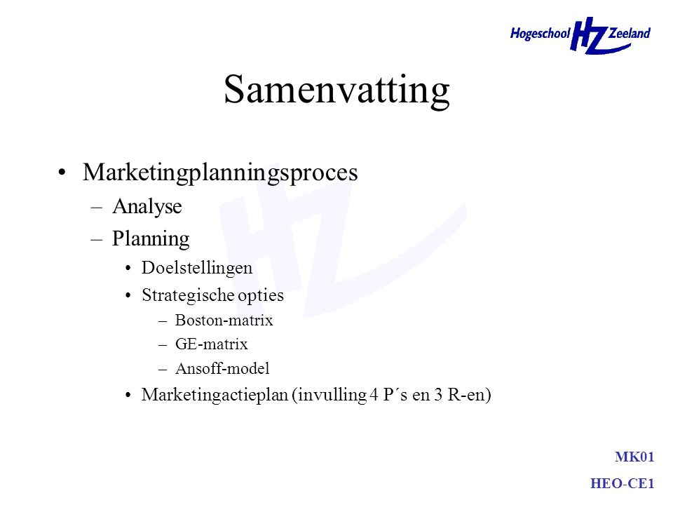 Samenvatting Marketingplanningsproces Analyse Planning Doelstellingen