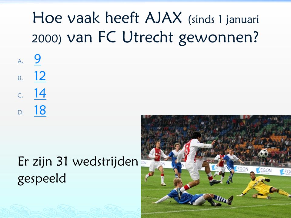 Hoe vaak heeft AJAX (sinds 1 januari 2000) van FC Utrecht gewonnen