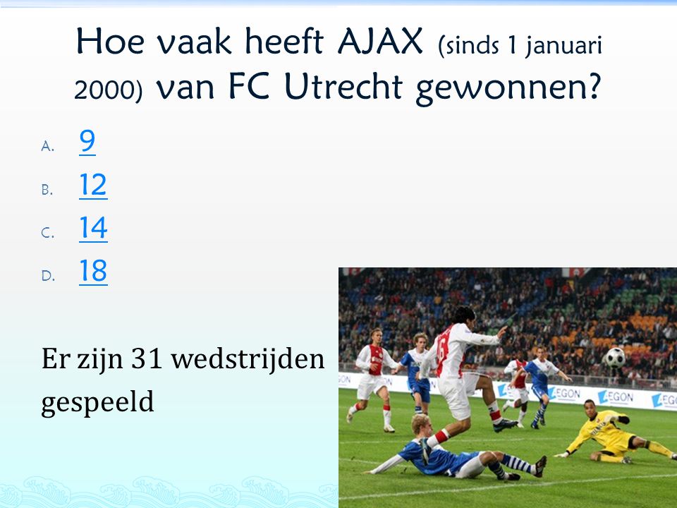 Hoe vaak heeft AJAX (sinds 1 januari 2000) van FC Utrecht gewonnen