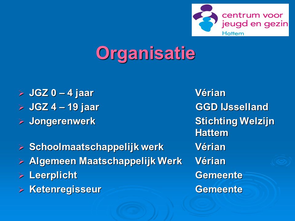 Organisatie JGZ 0 – 4 jaar Vérian JGZ 4 – 19 jaar GGD IJsselland