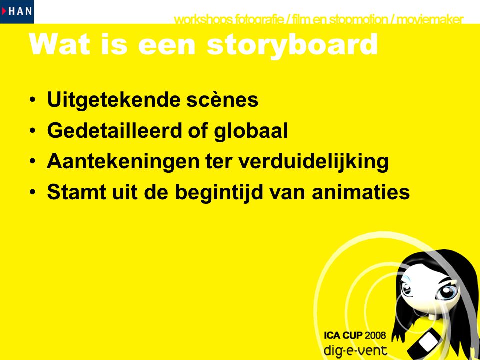 Wat is een storyboard Uitgetekende scènes Gedetailleerd of globaal