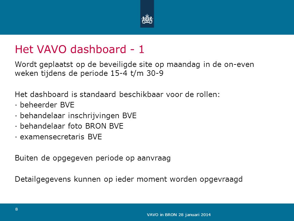 Het VAVO dashboard - 1 Wordt geplaatst op de beveiligde site op maandag in de on-even weken tijdens de periode 15-4 t/m