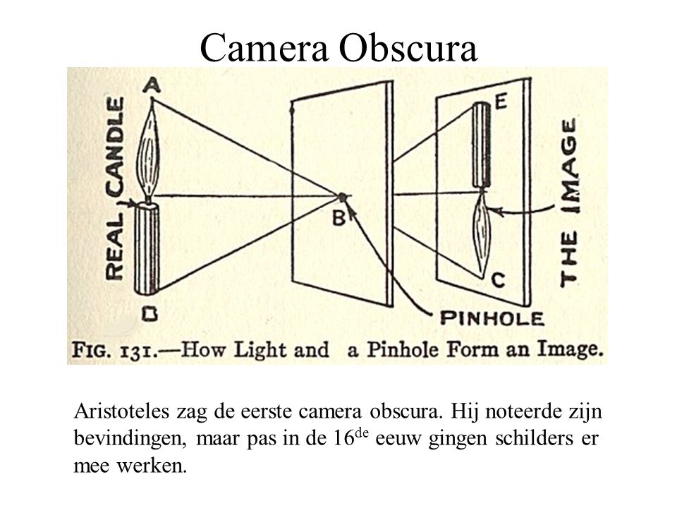 Camera Obscura Aristoteles zag de eerste camera obscura. Hij noteerde zijn. bevindingen, maar pas in de 16de eeuw gingen schilders er.