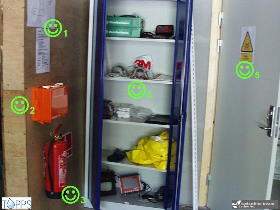 Storage 1: Emergency plan – statement : First aid. 3: Fire extinguisher.