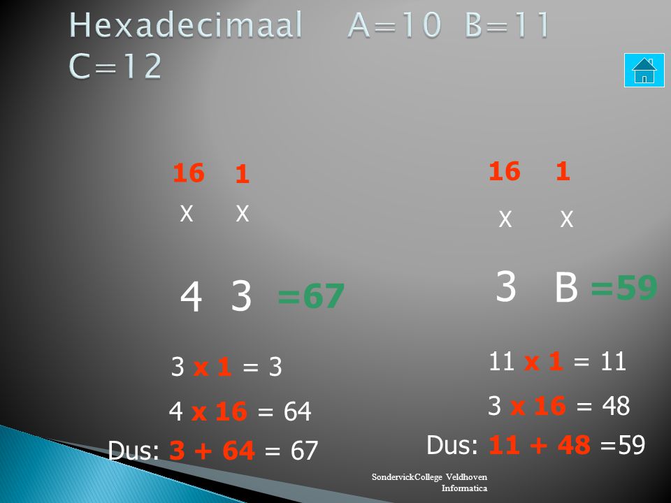 3 B 4 3 Hexadecimaal A=10 B=11 C=12 =59 = x 1 = 11