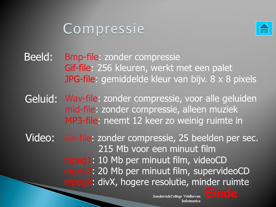 Compressie Einde Beeld: Geluid: Video: Bmp-file: zonder compressie