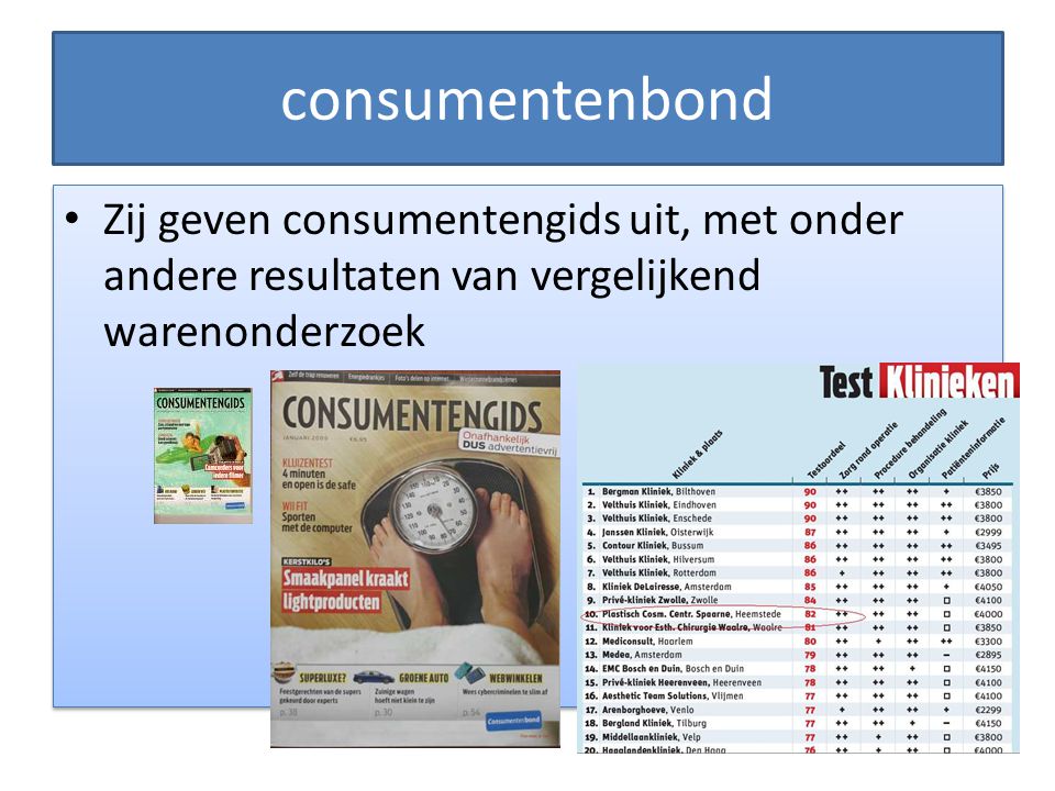 consumentenbond Zij geven consumentengids uit, met onder andere resultaten van vergelijkend warenonderzoek.