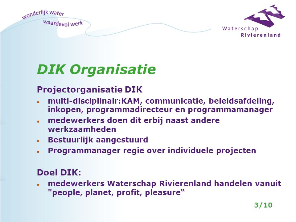 DIK Organisatie Projectorganisatie DIK Doel DIK: