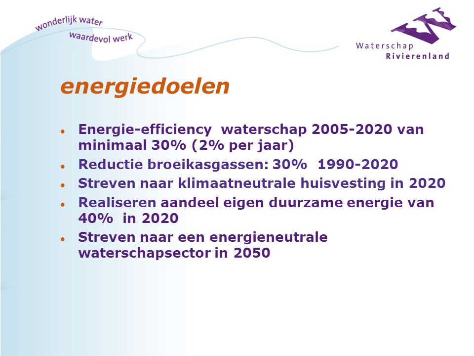 energiedoelen Energie-efficiency waterschap van minimaal 30% (2% per jaar) Reductie broeikasgassen: 30%