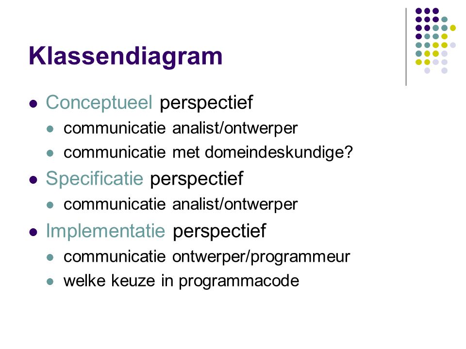 Klassendiagram Conceptueel perspectief Specificatie perspectief