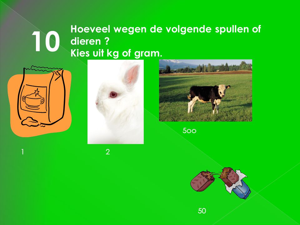 10 Hoeveel wegen de volgende spullen of dieren Kies uit kg of gram.