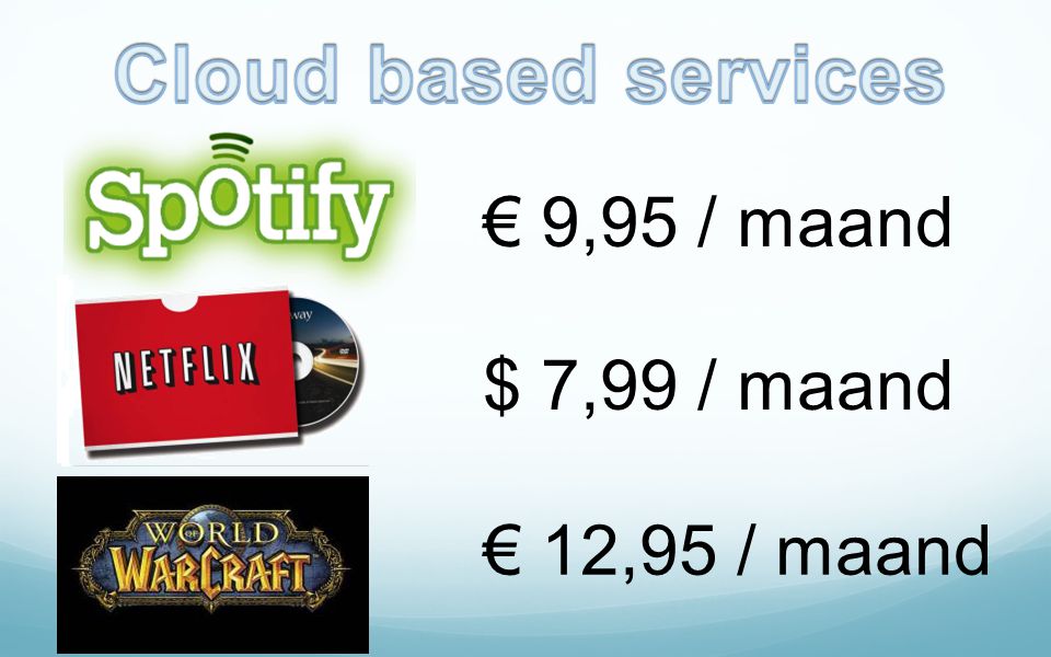 Cloud based services € 9,95 / maand $ 7,99 / maand € 12,95 / maand