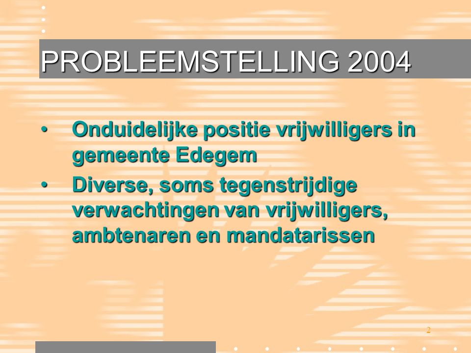 PROBLEEMSTELLING 2004 Onduidelijke positie vrijwilligers in gemeente Edegem.