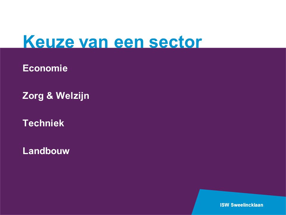 Keuze van een sector Economie Zorg & Welzijn Techniek Landbouw