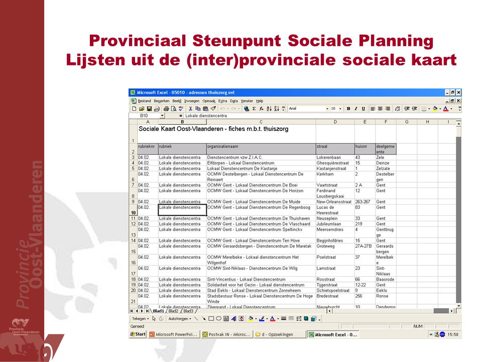 Provinciaal Steunpunt Sociale Planning Lijsten uit de (inter)provinciale sociale kaart