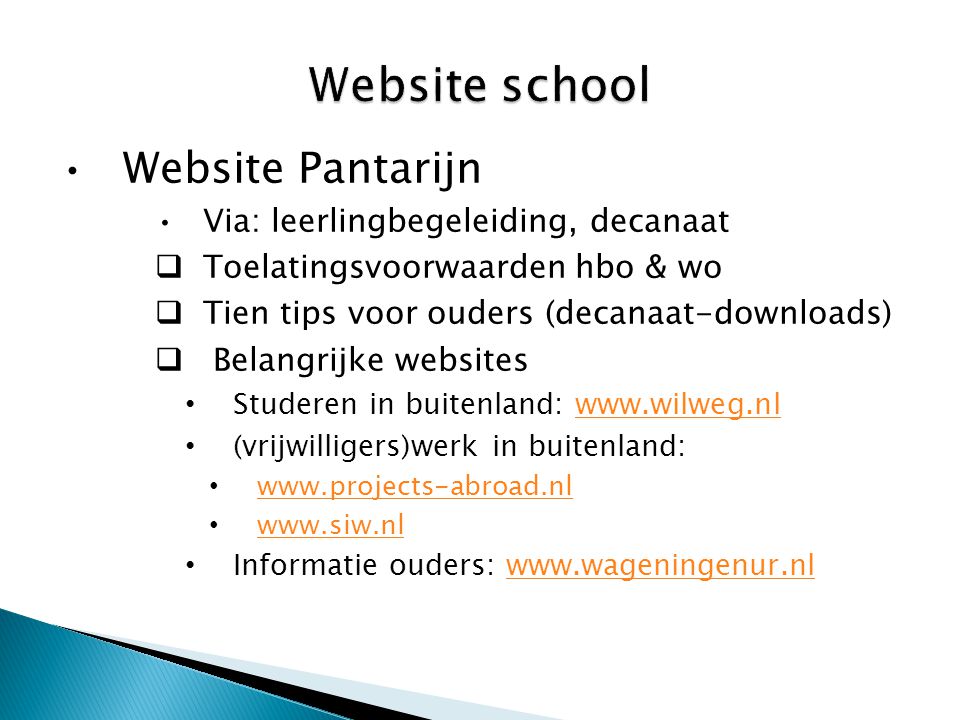 Website school Website Pantarijn Via: leerlingbegeleiding, decanaat