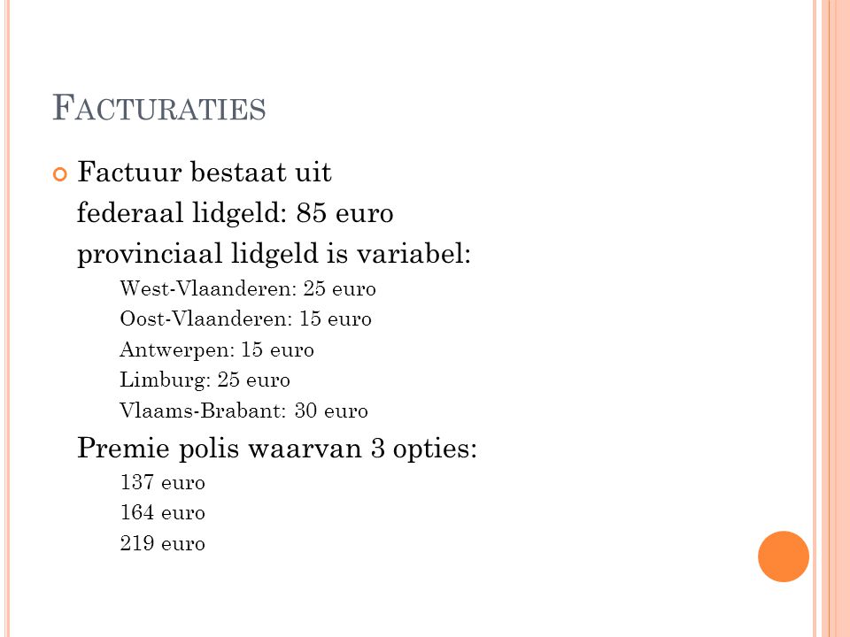 Facturaties Factuur bestaat uit federaal lidgeld: 85 euro