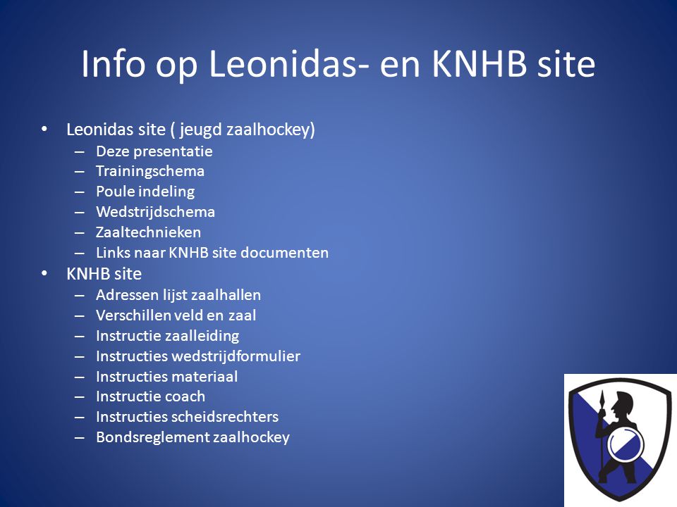 Info op Leonidas- en KNHB site
