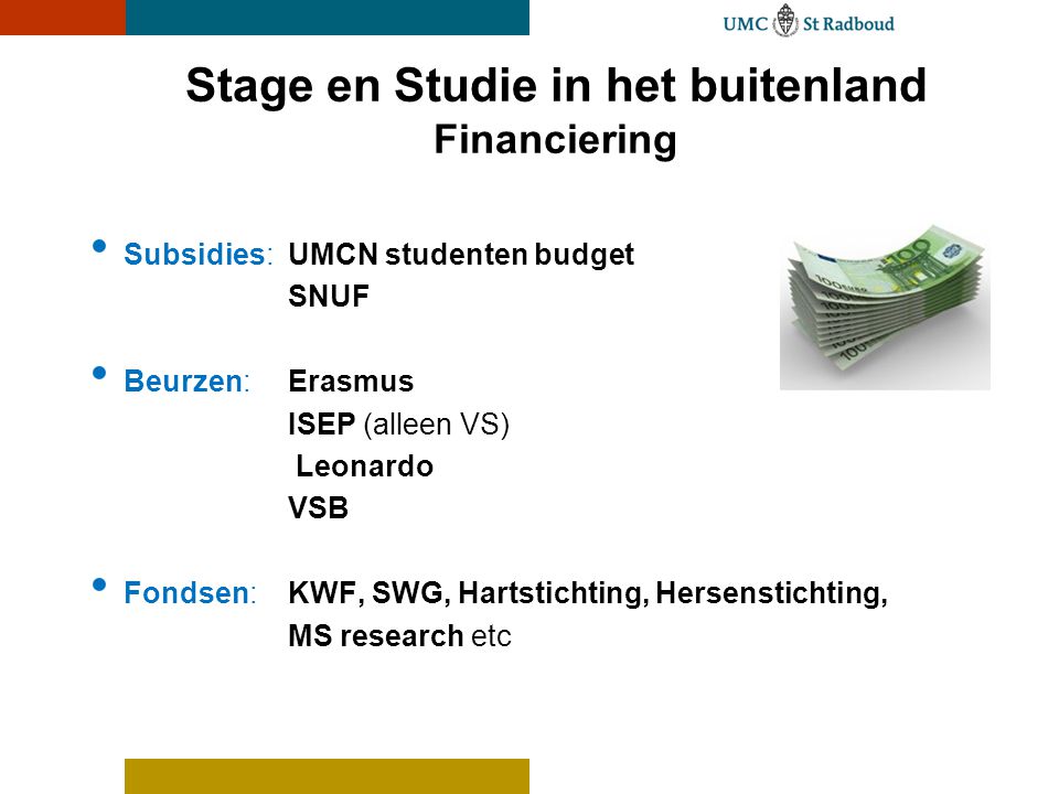 Stage en Studie in het buitenland Financiering