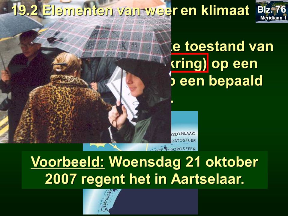 Voorbeeld: Woensdag 21 oktober 2007 regent het in Aartselaar.