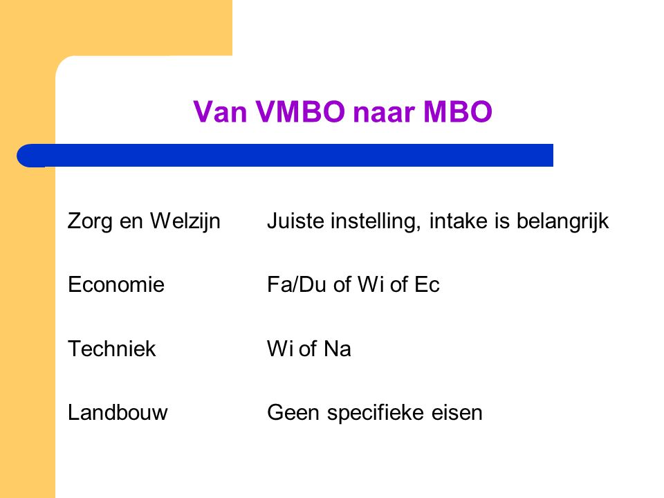 Van VMBO naar MBO Zorg en Welzijn Juiste instelling, intake is belangrijk. Economie Fa/Du of Wi of Ec.