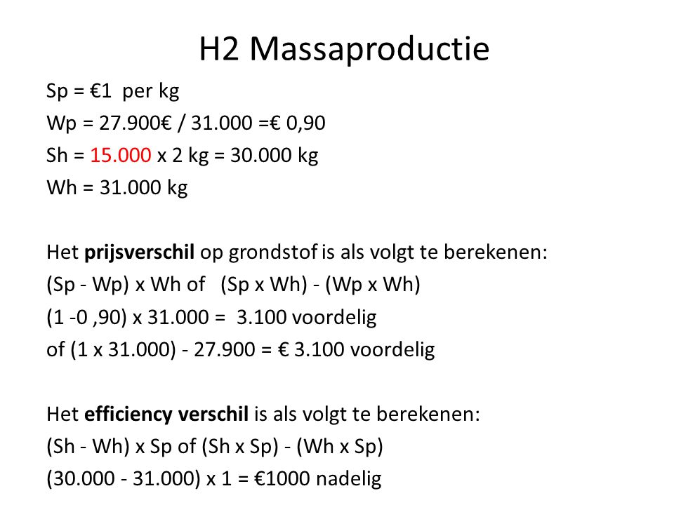 H2 Massaproductie Sp = €1 per kg Wp = € / =€ 0,90