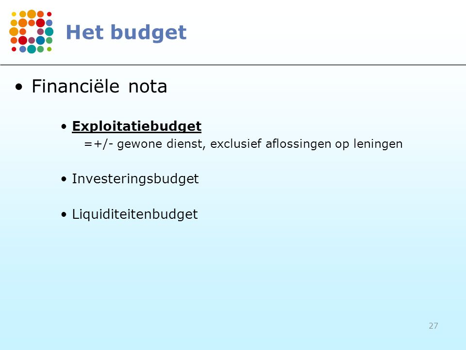 Het budget Financiële nota Exploitatiebudget Investeringsbudget