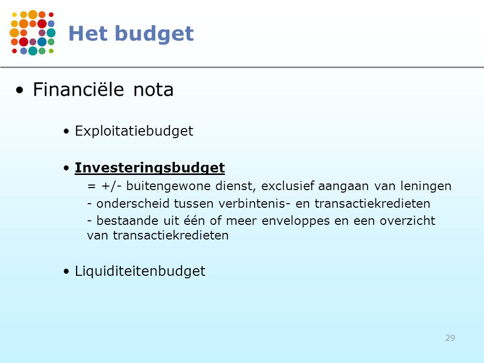 Het budget Financiële nota Exploitatiebudget Investeringsbudget