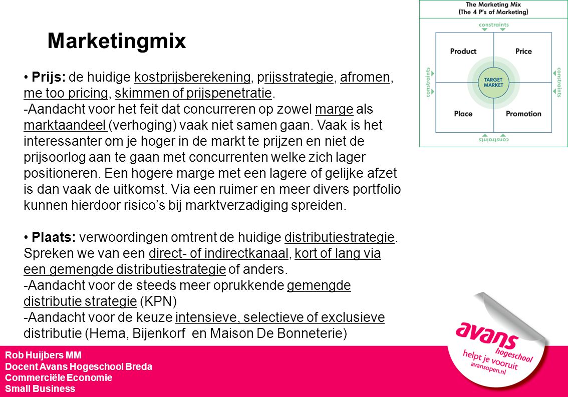 Marketingmix Prijs: de huidige kostprijsberekening, prijsstrategie, afromen, me too pricing, skimmen of prijspenetratie.