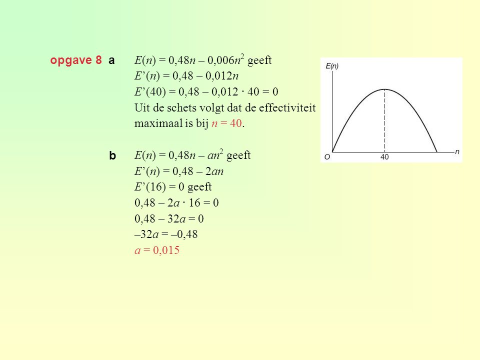 opgave 8 a E(n) = 0,48n – 0,006n2 geeft. E’(n) = 0,48 – 0,012n. E’(40) = 0,48 – 0,012 · 40 = 0. Uit de schets volgt dat de effectiviteit.