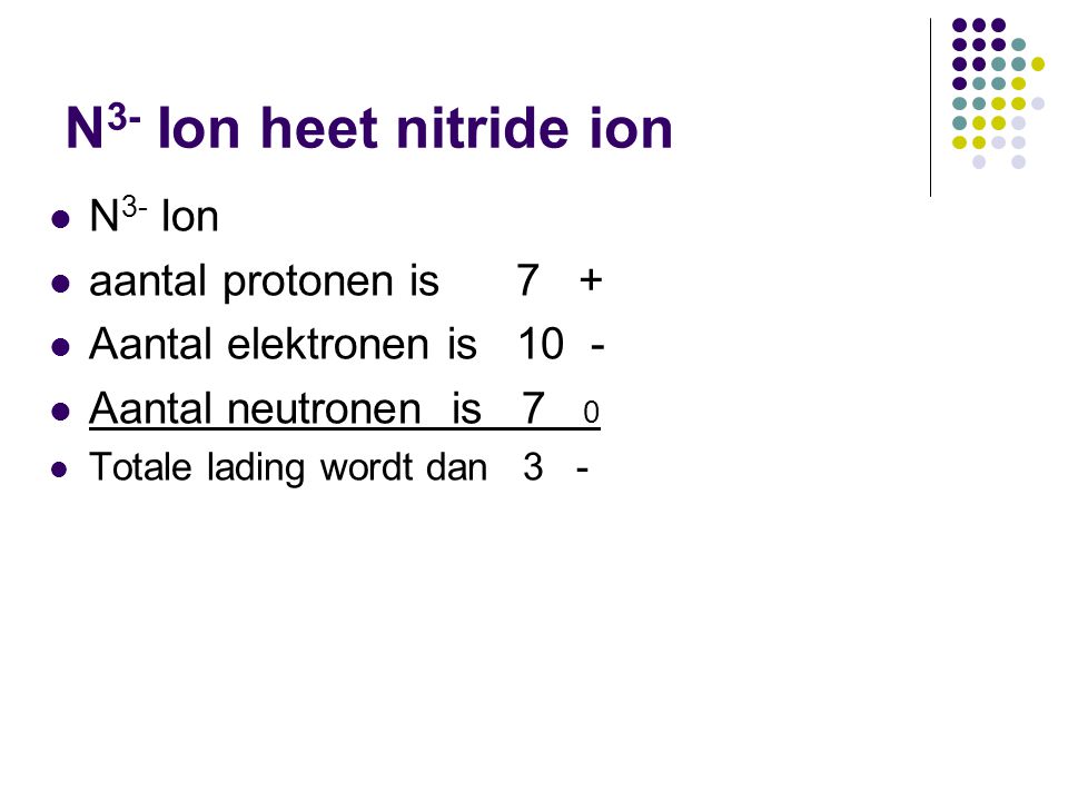N3- Ion heet nitride ion N3- Ion aantal protonen is 7 +