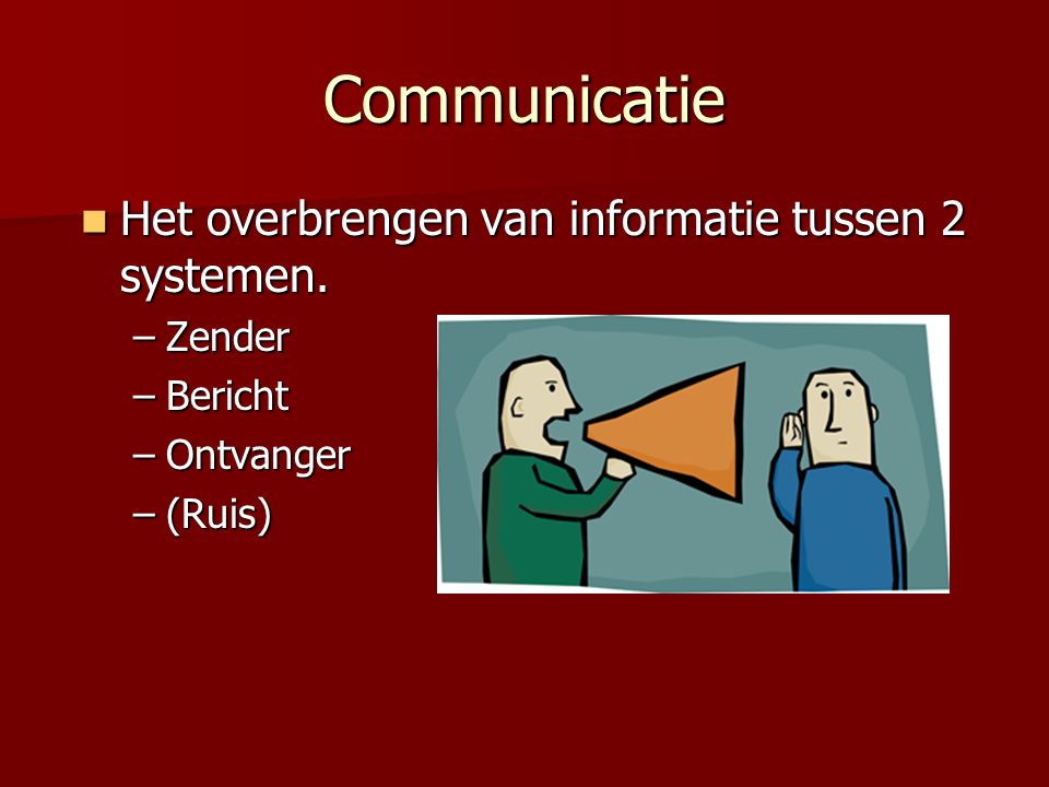 Communicatie Het overbrengen van informatie tussen 2 systemen. Zender
