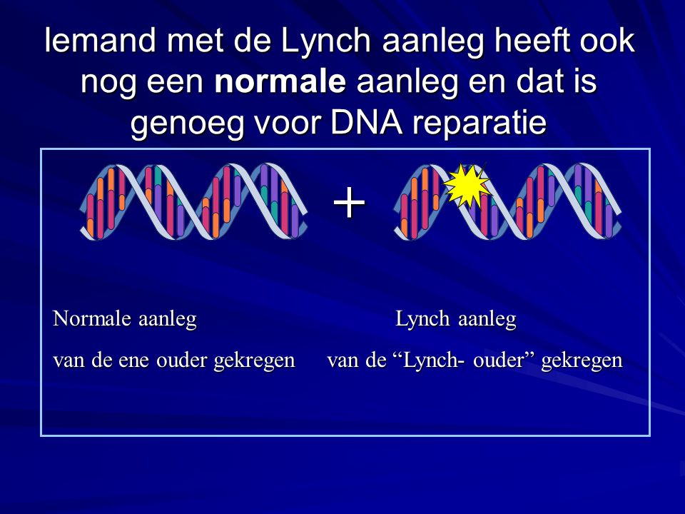 Iemand met de Lynch aanleg heeft ook nog een normale aanleg en dat is genoeg voor DNA reparatie