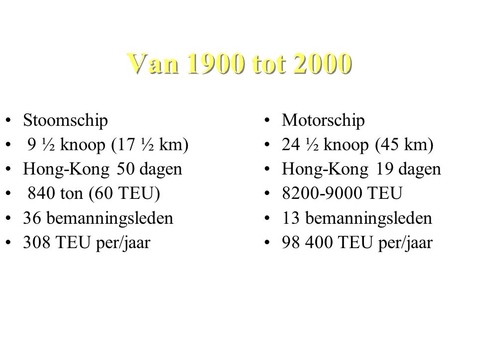 Van 1900 tot 2000 Stoomschip 9 ½ knoop (17 ½ km) Hong-Kong 50 dagen