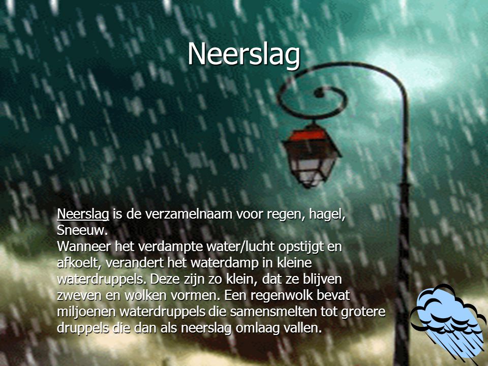 Neerslag Neerslag is de verzamelnaam voor regen, hagel, Sneeuw.