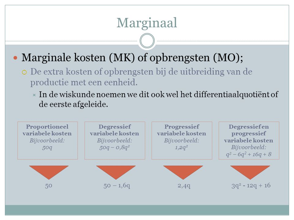 Marginaal Marginale kosten (MK) of opbrengsten (MO);