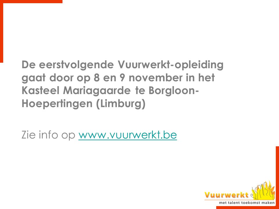 De eerstvolgende Vuurwerkt-opleiding gaat door op 8 en 9 november in het Kasteel Mariagaarde te Borgloon-Hoepertingen (Limburg)