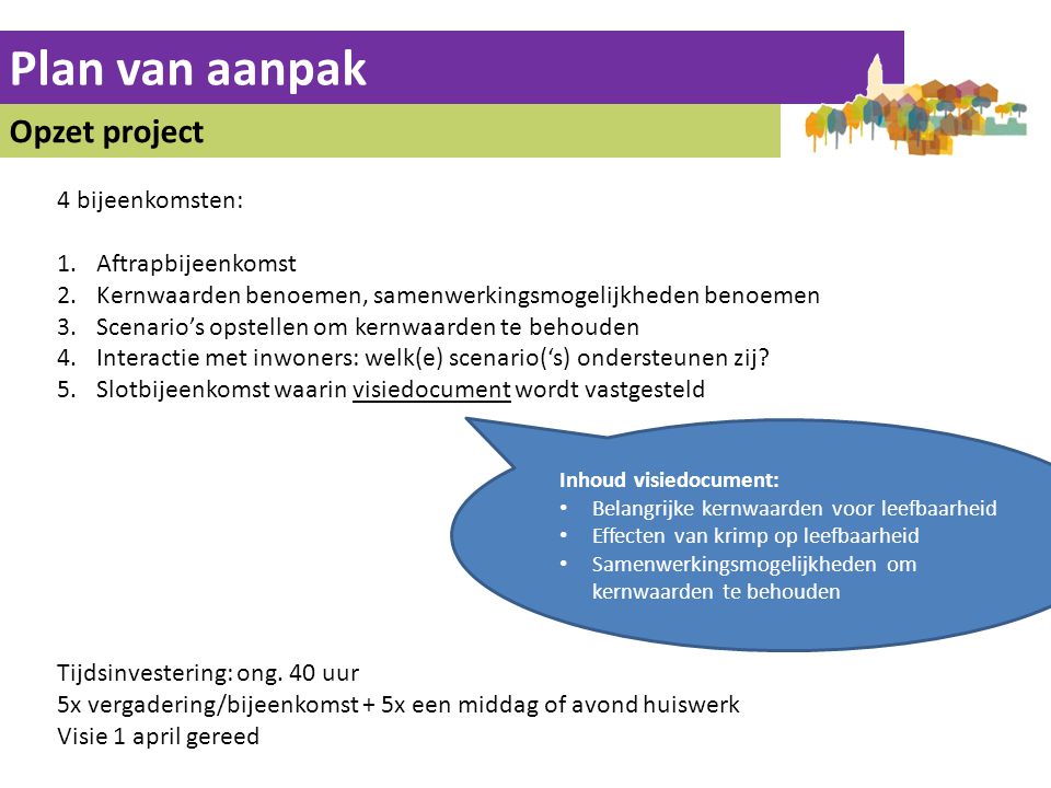 Plan van aanpak Opzet project 4 bijeenkomsten: Aftrapbijeenkomst