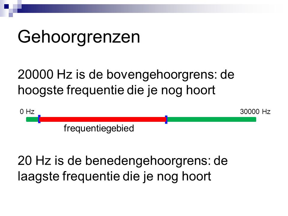 Gehoorgrenzen Hz is de bovengehoorgrens: de hoogste frequentie die je nog hoort. 0 Hz Hz.