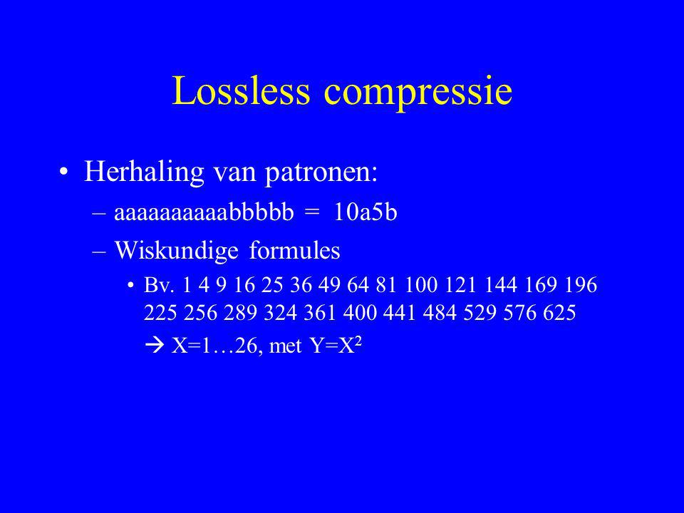 Lossless compressie Herhaling van patronen: aaaaaaaaaabbbbb = 10a5b
