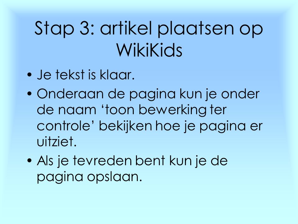 Stap 3: artikel plaatsen op WikiKids