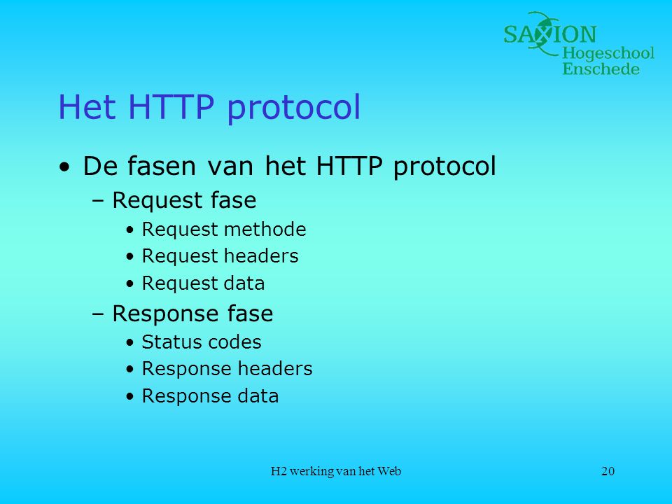 Het HTTP protocol De fasen van het HTTP protocol Request fase